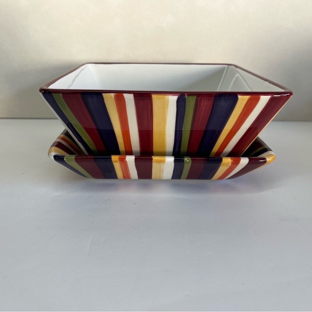 Pampered Chef Simple Additions 7” Square Appetizer Striped Plate and Bowl